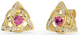 Diamond Pink Tourmaline Gold Silver Celtic Trinity Knot Stud Earrings