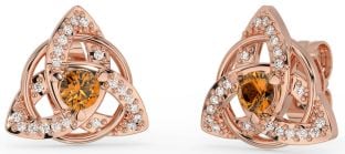 Diamond Citrine Rose Gold Celtic Trinity Knot Stud Earrings