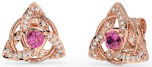 Diamond Pink Tourmaline Rose Gold Celtic Trinity Knot Stud Earrings