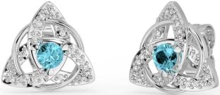 Diamond Aquamarine Silver Celtic Trinity Knot Stud Earrings