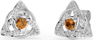 Diamond Citrine Silver Celtic Trinity Knot Stud Earrings