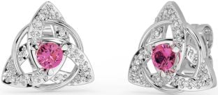 Diamond Pink Tourmaline Silver Celtic Trinity Knot Stud Earrings