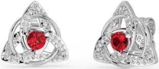 Diamond Ruby Silver Celtic Trinity Knot Stud Earrings