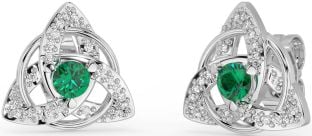 Diamond Emerald White Gold Celtic Trinity Knot Stud Earrings