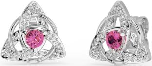 Diamond Pink Tourmaline White Gold Celtic Trinity Knot Stud Earrings