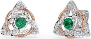 Diamond Emerald White Rose Gold Celtic Trinity Knot Stud Earrings