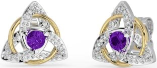 Diamond Amethyst White Yellow Gold Celtic Trinity Knot Stud Earrings