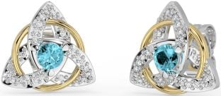 Diamant Aquamarin Weiß Gelb Gold keltisch Dreieinigkeit Knoten Zucht Ohrringe