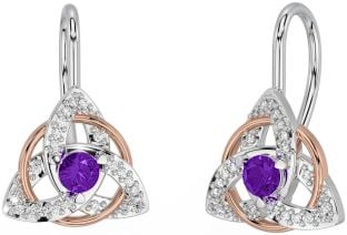 Diamond Amethyst Rose Gold Silver Celtic Trinity Knot Stud Earrings