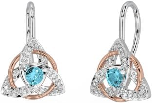 Diamond Aquamarine Rose Gold Silver Celtic Trinity Knot Stud Earrings