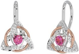 Diamond Pink Tourmaline Rose Gold Silver Celtic Trinity Knot Stud Earrings