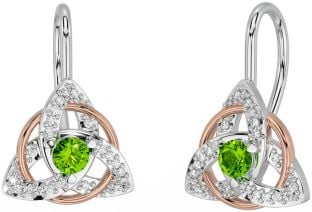 Diamond Peridot Rose Gold Silver Celtic Trinity Knot Stud Earrings