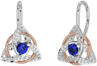 Diamond Sapphire Rose Gold Silver Celtic Trinity Knot Stud Earrings