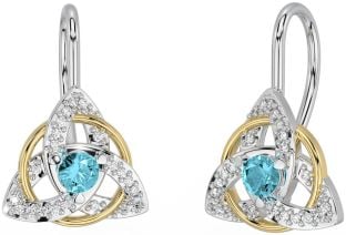 Diamond Aquamarine Gold Silver Celtic Trinity Knot Stud Earrings