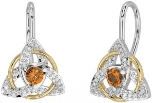 Diamond Citrine Gold Stud cu nod celtic Trinity argintiu Cercei