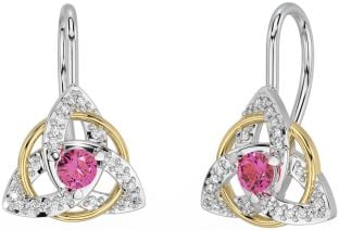 Diamond Pink Tourmaline Gold Silver Celtic Trinity Knot Stud Earrings