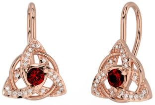 Diamond Garnet Rose Gold Silver Celtic Trinity Knot Stud Earrings