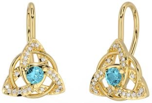 Diamond Aquamarine Gold Silver Celtic Trinity Knot Stud Earrings