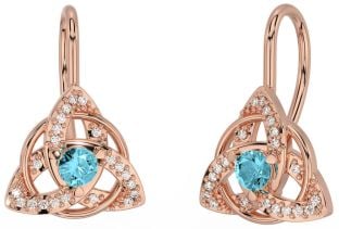 Diamond Aquamarine Rose Gold Celtic Trinity Knot Stud Earrings