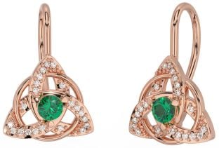 Diamond Emerald Rose Gold Celtic Trinity Knot Stud Earrings