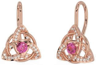 Diamond Pink Tourmaline Rose Gold Celtic Trinity Knot Stud Earrings