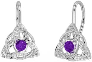 Diamond Amethyst Silver Celtic Trinity Knot Stud Earrings