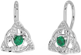 Diamond Emerald Silver Celtic Trinity Knot Stud Earrings