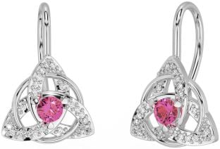 Diamond Pink Tourmaline Silver Celtic Trinity Knot Stud Earrings