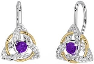 Diamond Amethyst White Yellow Gold Celtic Trinity Knot Stud Earrings