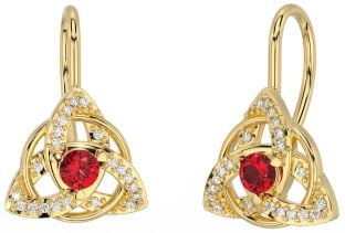 Diamond Ruby Gold Celtic Trinity Knot Stud Earrings