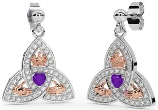 Diamond Amethyst Rose Gold Silver Claddagh Trinity Knot Dangle Earrings