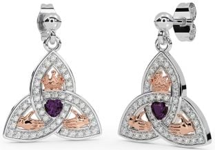 Diamond Alexandrite Rose Gold Silver Claddagh Trinity Knot Dangle Earrings