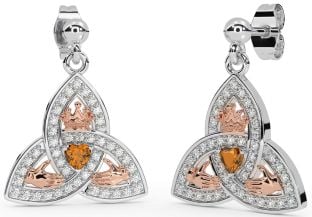 Diamond Citrine Rose Gold Silver Claddagh Trinity Knot Dangle Earrings