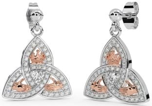 Diamond Rose Gold Silver Claddagh Trinity Knot Dangle Earrings