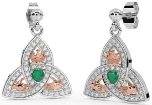 Diamond Emerald Rose Gold Silver Claddagh Trinity Knot Dangle Earrings