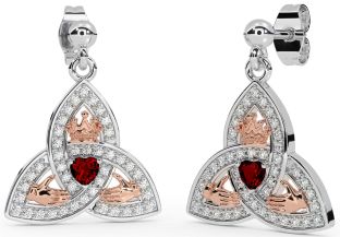 Diamond Garnet Rose Gold Silver Claddagh Trinity Knot Dangle Earrings