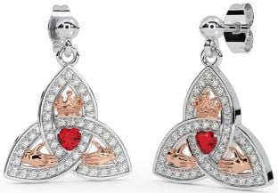 Diamond Ruby Rose Gold Silver Claddagh Trinity Knot Dangle Earrings