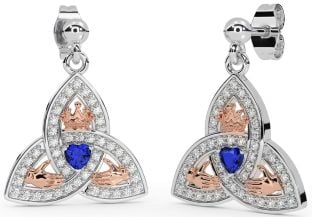 Diamond Sapphire Rose Gold Silver Claddagh Trinity Knot Dangle Earrings