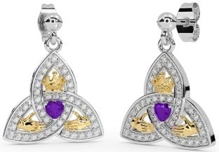 Diamond Amethyst Gold Silver Claddagh Trinity Knot Dangle Earrings