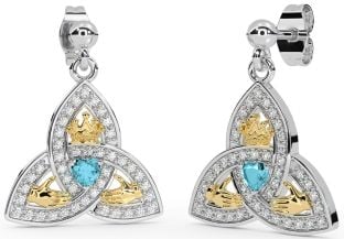 Diamond Aquamarine Gold Silver Claddagh Trinity Knot Dangle Earrings