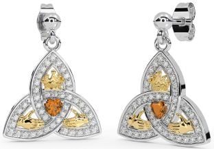 Diamond Citrine Gold Silver Claddagh Trinity Knot Dangle Earrings