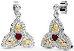 Diamond Garnet Gold Silver Claddagh Trinity Knot Dangle Earrings