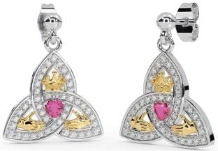 Diamond Pink Tourmaline Gold Silver Claddagh Trinity Knot Dangle Earrings