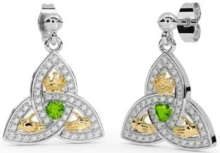 Diamond Peridot Gold Silver Claddagh Trinity Knot Dangle Earrings