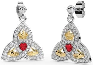 Diamond Ruby Gold Silver Claddagh Trinity Knot Dangle Earrings