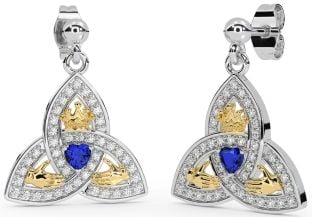 Diamond Sapphire Gold Silver Claddagh Trinity Knot Dangle Earrings