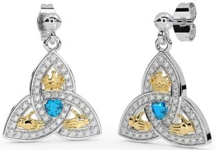 Diamond Topaz Gold Silver Claddagh Trinity Knot Dangle Earrings