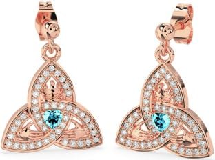 Diamond Aquamarine Rose Gold Silver Claddagh Trinity Knot Dangle Earrings