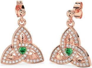 Diamond Emerald Rose Gold Silver Claddagh Trinity Knot Dangle Earrings