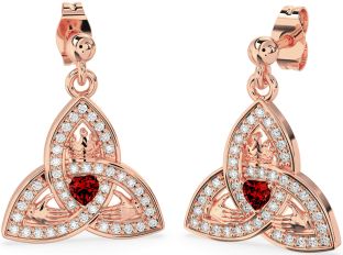 Diamond Garnet Rose Gold Silver Claddagh Trinity Knot Dangle Earrings